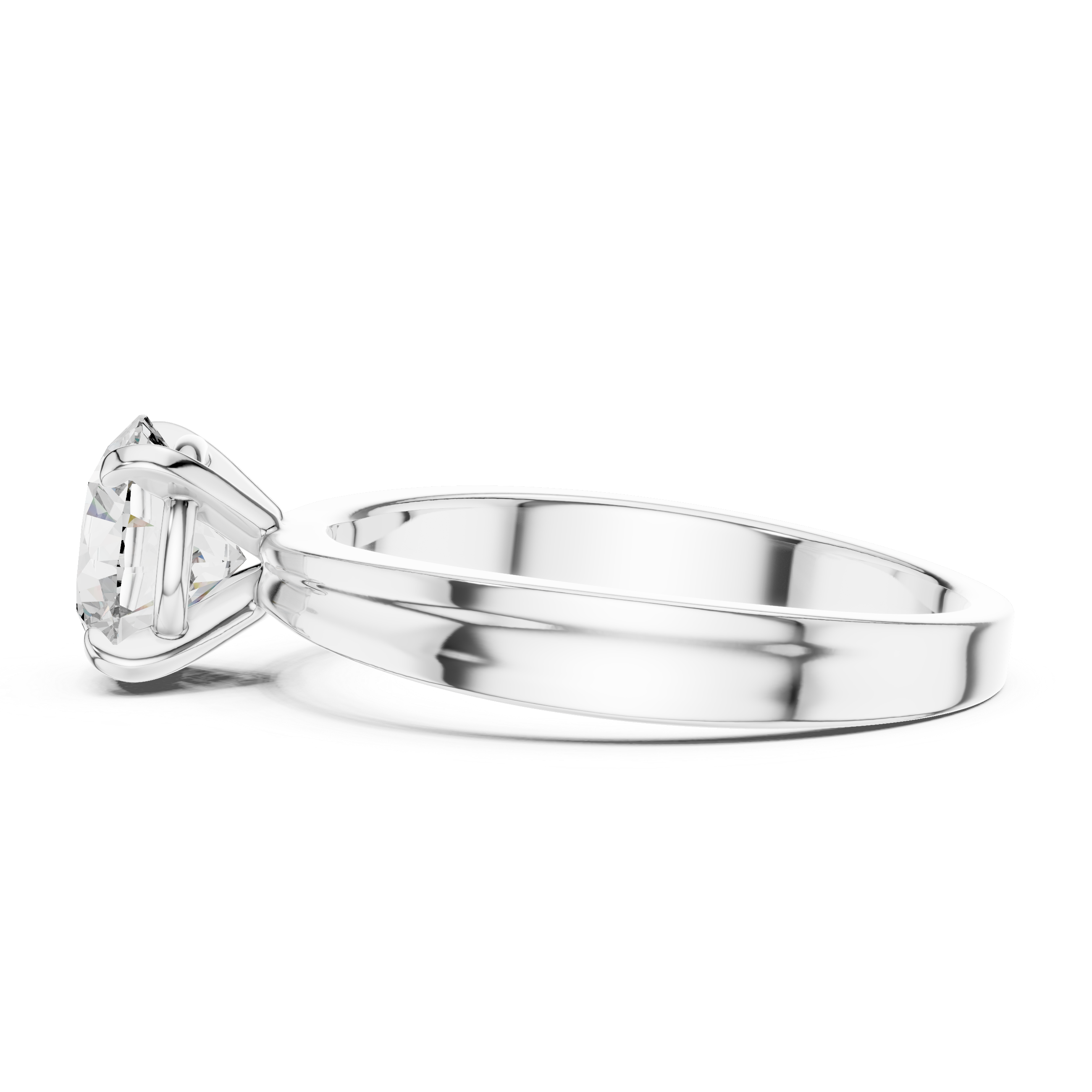 Silver ring with a large diamond on a white background